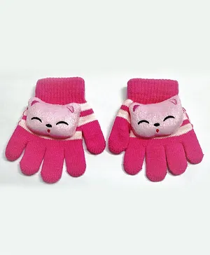 Kid-O-World Animal Face Patch Detailed Striped Gloves -Dark Pink