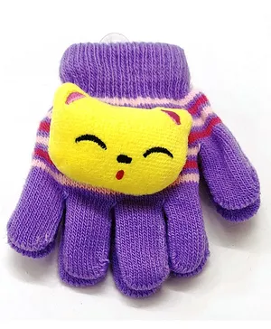 Kid-O-World Animal Face Patch Detailed & Striped Gloves - Purple