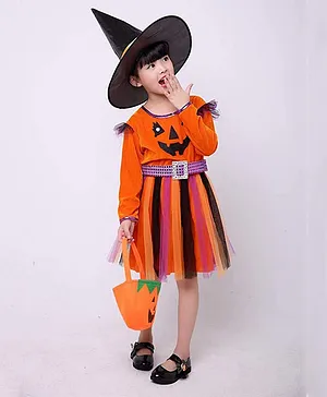 Kaku Fancy Dress Halloween Pumpkin Dress With Hat And Candy Basket - Orange
