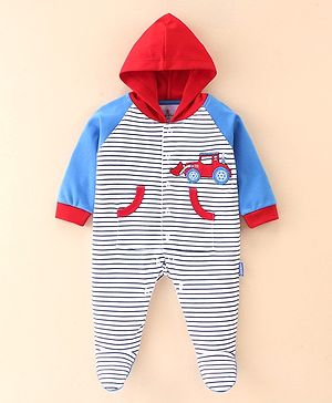 Child World Cotton Interlock Knit Full Sleeves Hooded Sleepsuit Stripes & Construction Vehicle Embroidery - Blue White & Red