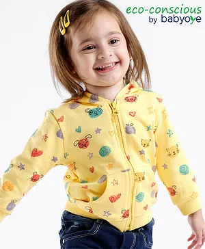Babyoye 100% Cotton Eco Conscious Full Sleeves Sweat Jacket Stars Print - Yellow