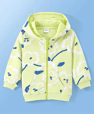 Babyoye Brushed Fleece 100% Cotton Eco Conscious Full Sleeves Sweat Jacket Cloud Print - Lime Green