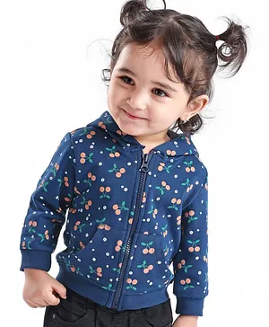 Babyoye 100% Cotton Eco Conscious Full Sleeves Sweat Jacket Cherry Print - Navy