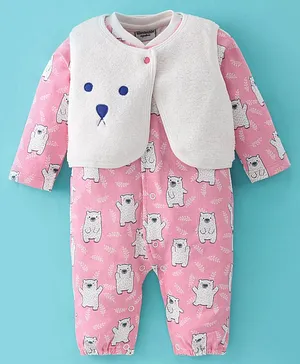 Wonderchild Full Sleeves Bear Printed Romper With Fleece Jacket - Pink & White