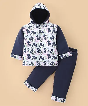 Doreme Cotton Full Sleeves Winter Wear Hoodie & Lounge Pant Set with Mickey Mouse Print - Oxford Blue