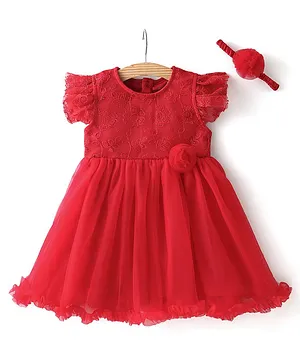 Mark & Mia Sleeveless Party Wear Frock Style Onesie With Bow Applique & Headband - Red