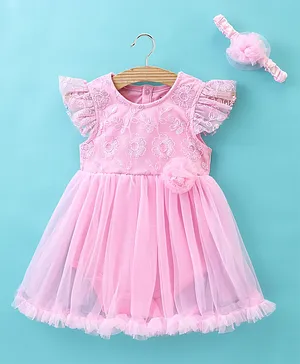 Mark & Mia Sleeveless Party Wear Frock Style Onesie With Bow Applique & Headband - Pink