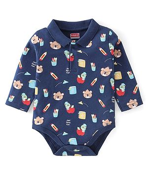 Babyhug 100% Cotton Knit Full Sleeves Onesies Teddy Print - Navy Blue