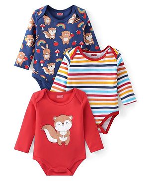 Babyhug 100% Cotton Full Sleeves Onesies With Squirrel Print - Red & Navy Blue