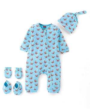 Babyhug 100% Cotton Full Sleeves Romper with Cap Mittens & Booties Crab Printed - Blue