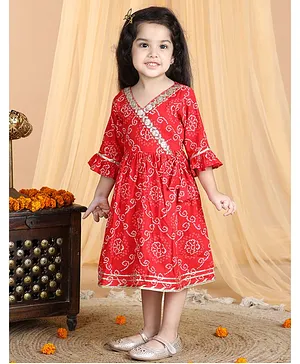 Kinder Kids Three Fourth Bell Sleeves Bandhej Designed & Sequin Lace Embellished Angrakha Style Fit & Flare Dress - Red