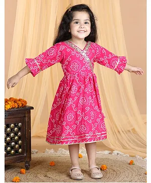 Kinder Kids Three Fourth Bell Sleeves Bandhej Designed & Sequin Lace Embellished Angrakha Style Fit & Flare Dress - Pink