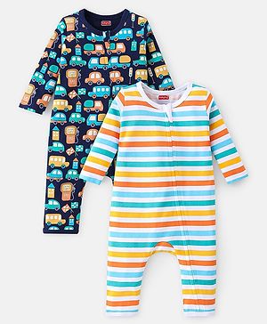 Babyhug 100% Cotton Romper With Striped & Car Print Pack Of 2 - Navy Blue & White