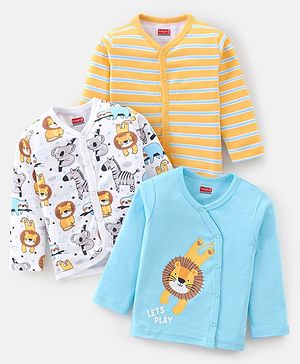 Babyhug 100% Cotton Full Sleeves Vest With Animals Print Pack of 3 - White Blue & Yellow