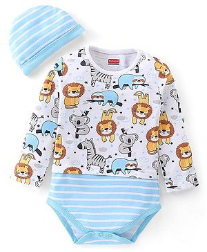 Babyhug 100% Cotton Knit Full Sleeves Onesie with Cap Lion Print - White