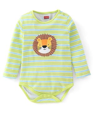 Babyhug 100% Cotton Knit Full Sleeves Striped Onesie Lion Print - Green