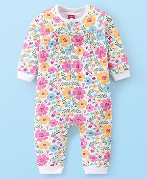 Babyhug 100% Cotton Knit Full Length Floral Print Romper - Multicolour