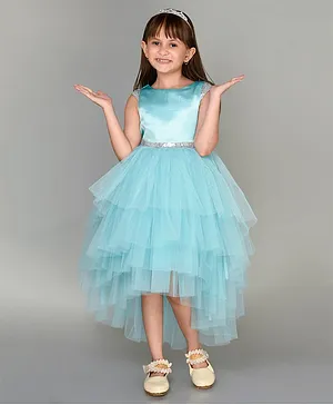 Toy Balloon Sleeveless Sequin Belt Embellished  Detailed  Layered High Low  Party Dress - Rama Green