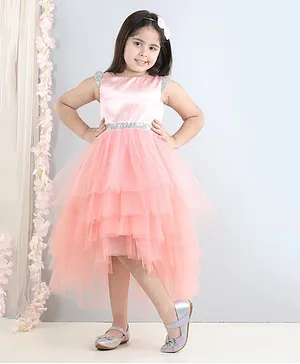 Toy Balloon Sleeveless Sequin Belt Embellished  Detailed  Layered High Low  Party Dress - Peach