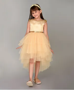 Toy Balloon Sleeveless Sequin Belt Embellished  Detailed  Layered High Low Party Dress - Golden