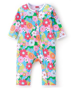 Babyhug 100% Cotton Full Sleeves Romper With Floral Print - Pink & Green
