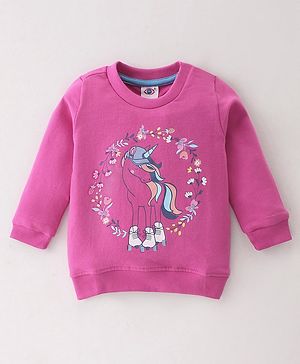 Zero Looper Knit Full Sleeves Sweatshirt Unicorn Print - Pink