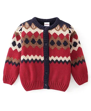 Babyhug Knitted Full Sleeves Sweater Set With Intarsia Design - Navy Blue & Red