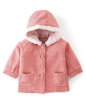 Babyhug Woven Full Sleeves Hooded Jacket Checkered - Red & White