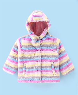Babyhug Woven Full Sleeves Hooded Quilted Jacket Striped - Pink & Yellow
