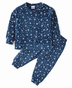 Babyhug Knitted Full Sleeves With T-Shirt & Lounge Pants Snow Flake Print - Navy Blue