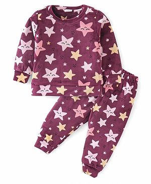 Babyhug Knitted Full Sleeves With T-Shirt & Lounge Pants Star Print - Maroon