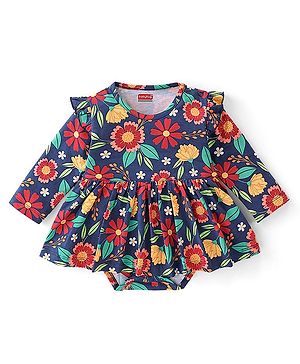 Babyhug 100% Cotton Knit Full Sleeves Floral Printed Frock Style Onesie  - Multicolour