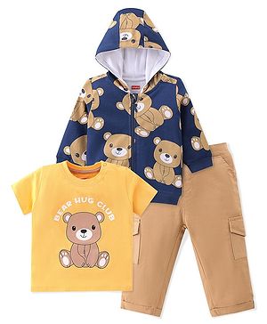 Babyhug 100% Cotton Full Sleeves Hoodie with T-Shirt & Trousers With Teddy Print - Yellow & Navy Blue