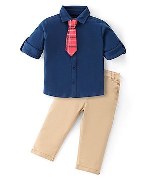 Babyhug 100% Cotton Knit Full Sleeves Solid Color Shirt & Trouser With Tie - Blue & Beige