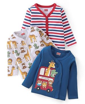 Babyhug 100% Cotton Knit Full Sleeves Front Open Vests Stripes & Animal Print Pack of 3 - Multicolour