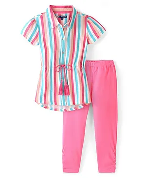 Pine Kids Woven Half Sleeves Shirt & Leggings Striped - Pink