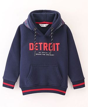 Ruff Full Sleeves Fleece Hooded Sweatshirt Text Print - Navy Blue