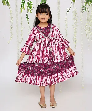 KID1 Three Fourth Bell Sleeves Floral Printed Dress With Coordinating Tie Dye & Lace Embellished Jacket - Purple