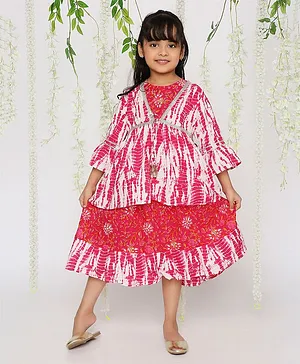 KID1 Three Fourth Bell Sleeves Floral Printed Dress With Coordinating Tie Dye & Lace Embellished Jacket - Pink