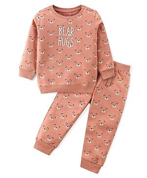 Babyhug 100% Cotton Full Sleeves T-Shirt & Lounge Pants With Teddy Print - Peach