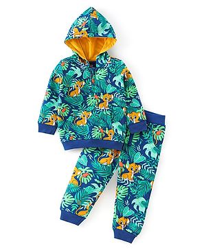 Babyhug 100% Cotton Knit Full Sleeves Hooded T-Shirt and Lounge Pant Set Cub Print - Green