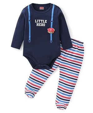 Babyhug 100% Cotton Interlock Knit Full Sleeves Onesies with Legging Stripes & Text Print - Multicolor