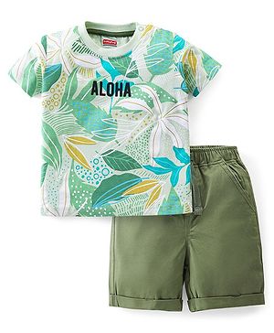 Babyhug 100% Cotton Full Sleeves T-Shirt & Shorts With Tropical Print - Green