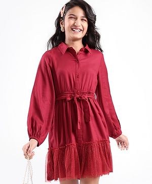 Pine Kids Woven Full Sleeves Button Up Tiered Solid Color Dress - Red