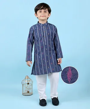 KIDS FARM Denim Cotton Full Sleeves  Striped Pattern & Motif Woven Design Kurta & Pyjama Set - Blue