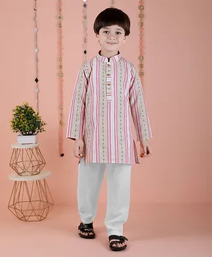 KIDS FARM Pure Cotton Full Sleeves Striped Pattern & Motif Printed Kurta With Pyjama - Pink