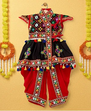 Banjara India Navratri Theme Cap Sleeves Banjara Embroidered Kediya With Coordinating Dhoti Set - Black & Red
