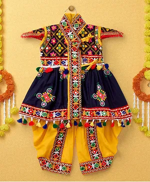 Banjara India Navratri Theme Cap Sleeves Banjara Embroidered Kediya With Coordinating Dhoti Set - Navy Blue & Yellow