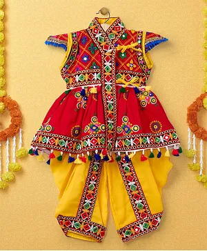 Banjara India Navratri Theme Cap Sleeves Banjara Embroidered Kediya With Coordinating Dhoti Set - Red & Yellow