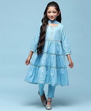 BIBA Three Fourth Sleeves Floral Foil Printed & Lace Embellished Tiered Kurta With Churidar & Dupatta - Sky Blue